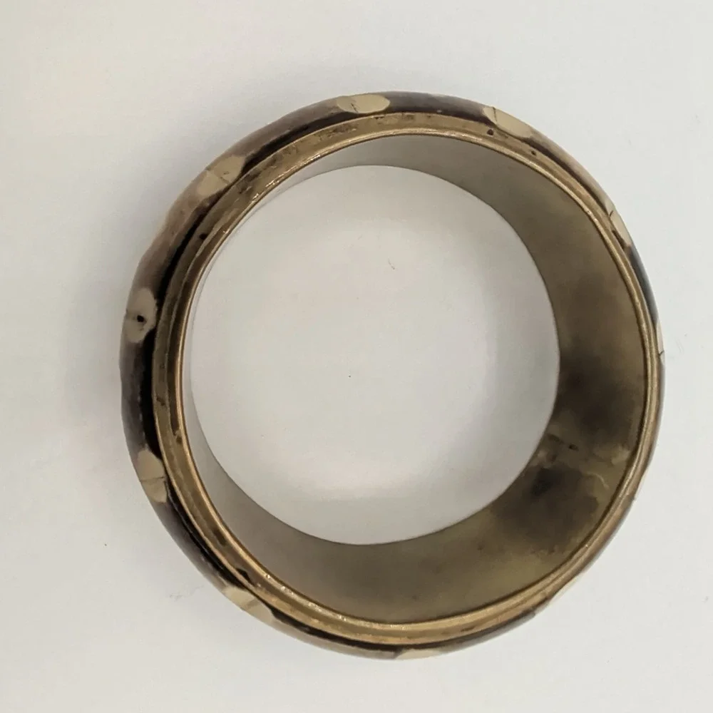 Vintage Brass Bangle Bracelet Inlaid‎ Batik Bone Polka Dot Boho Ethnic 7.5